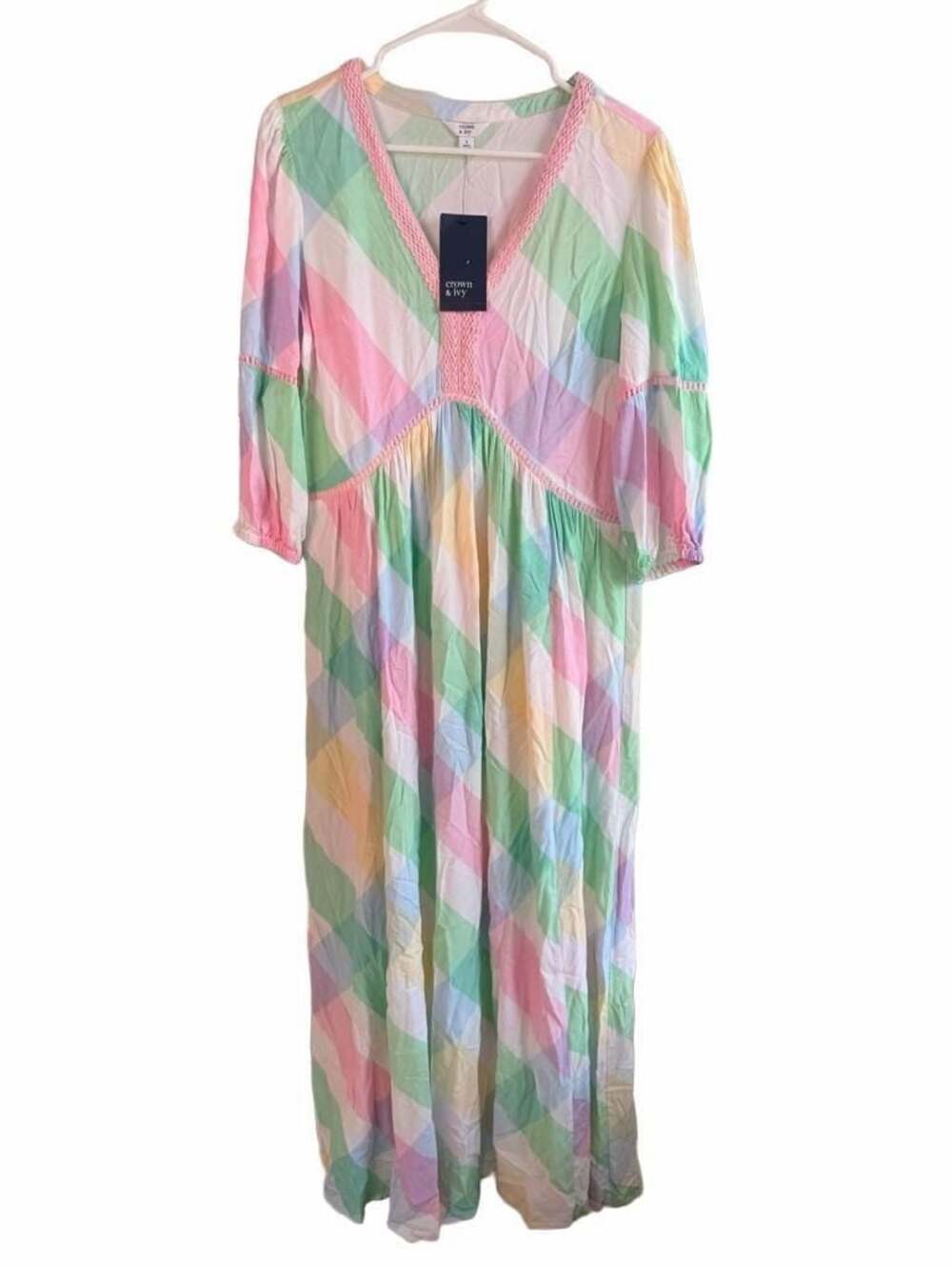 Crown & Ivy Multiplaid Pastel Diagonal Plaid Midi Dress Size S